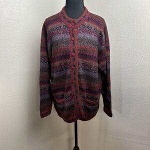 Vtg Hope Imports 100% Alpaca Women's‎ L Red & Black Button Pockets Cardigan Peru